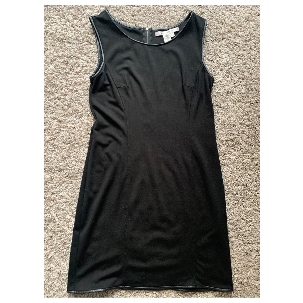 Max Studio black shift dress with black faux leather trim. Size L
